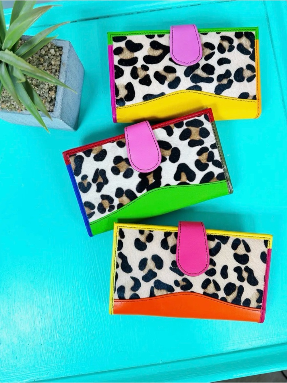 Women’s up-cycled Leopard Print Colorblock Wallet-real leather and hair on hide
